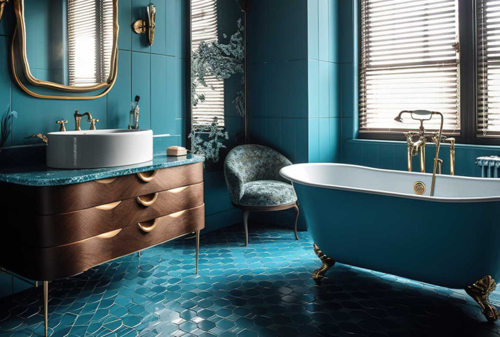 Salle de bains carrelée en grés cérame émaillé bleu vintage