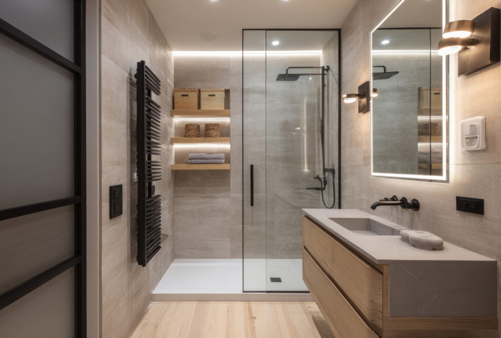 Petite salle de bain scandinave avec une douche