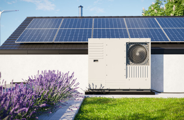 PAC et panneau solaire installés à l'extérieur d'une maison