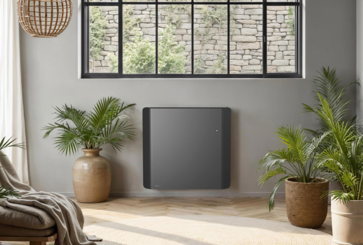 Radiateur noir design dans une pièce de maison avec des plantes
