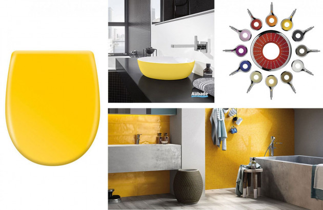 Sélection d'accessoires et revêtements jaunes pour la salle de bains.