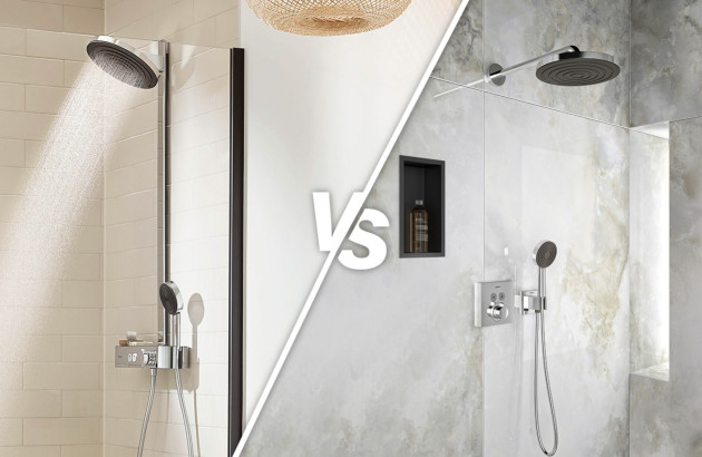 Visuel opposant une colonne de douche apparente, vs une colonne de douche incrustée