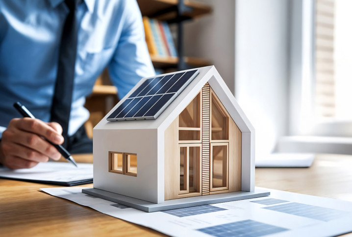 Maison miniature équipée de panneaux solaires avec étude de projet pour autoconsommation énergétique.