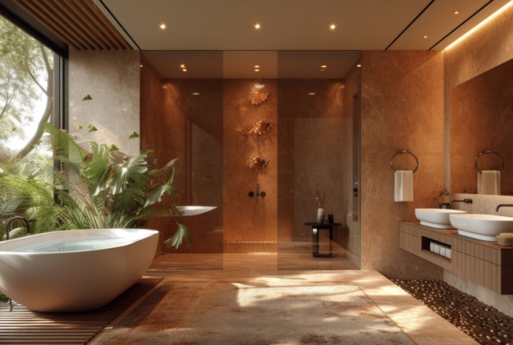 Baignoire moderne autoportante dans une salle de bain terracotta