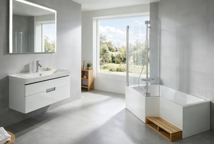 Salle de bains moderne avec baignoire-douche et meuble vasque suspendu.
