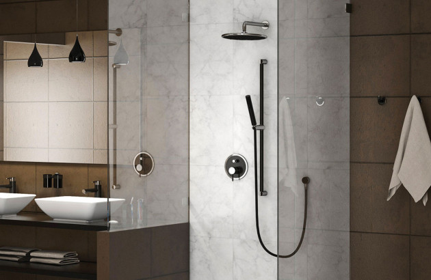 Salle de bains avec une douche et une barre de douche