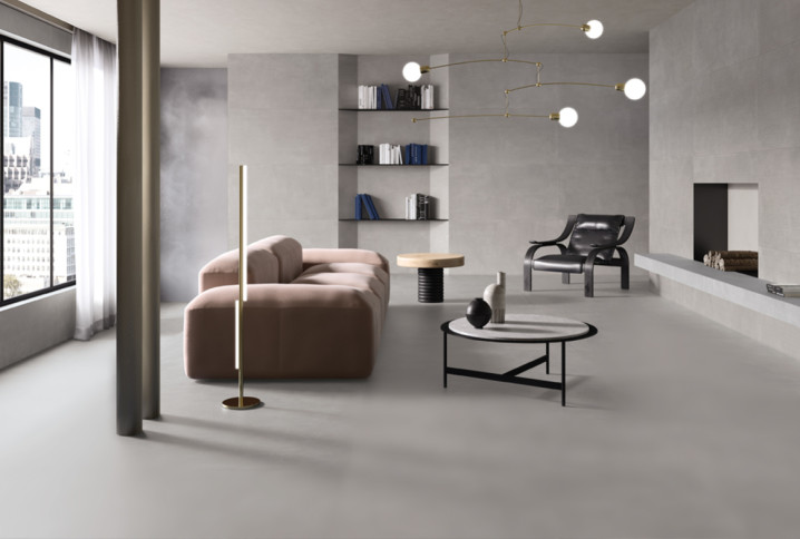 Salon moderne minimaliste en béton ciré