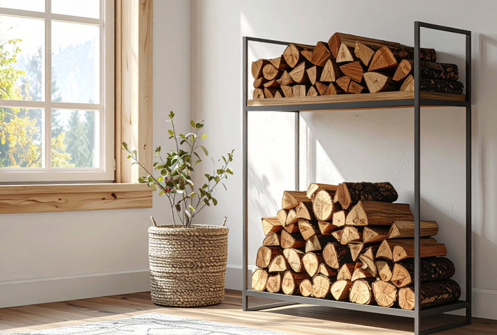 Bois de chauffage stocké sur une étagère dans une maison