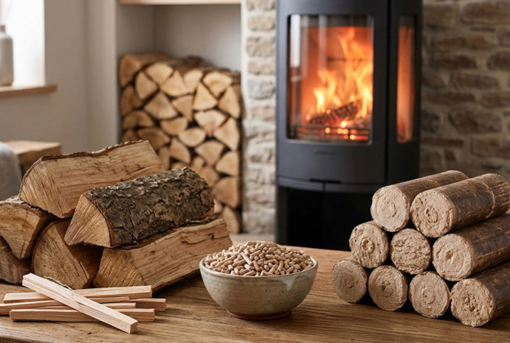 Comparatif entre bûches, granulés et bois densifié devant un poêle à bois allumé dans un salon chaleureux.