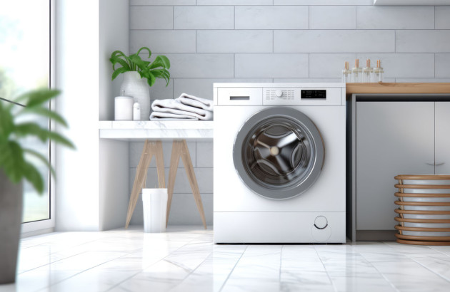 Buanderie avec une machine à laver et un joli carrelage blanc