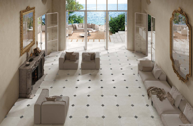 Salon lumineux avec du carrelage à cabochons
