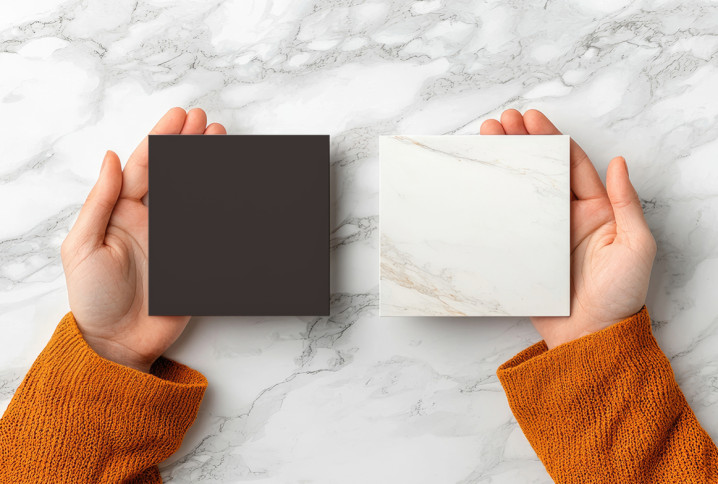 Femme qui tient des carreaux de carrelage dans ses mains, un carreaux noir et un carreau blanc