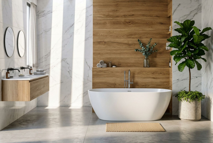 Salle de bains haut de gamme avec baignoire îlot, carrelage effet marbre et habillage mural bois chaleureux.
