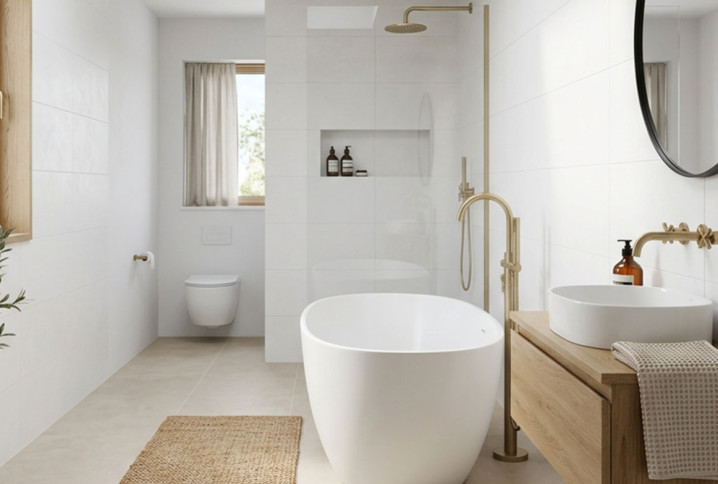 Salle de bains moderne avec carrelage mural blanc grand format, baignoire îlot et robinetterie dorée.