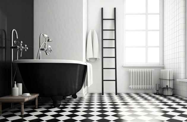 Salle de bains avec carrelage noir et blanc damier vintage