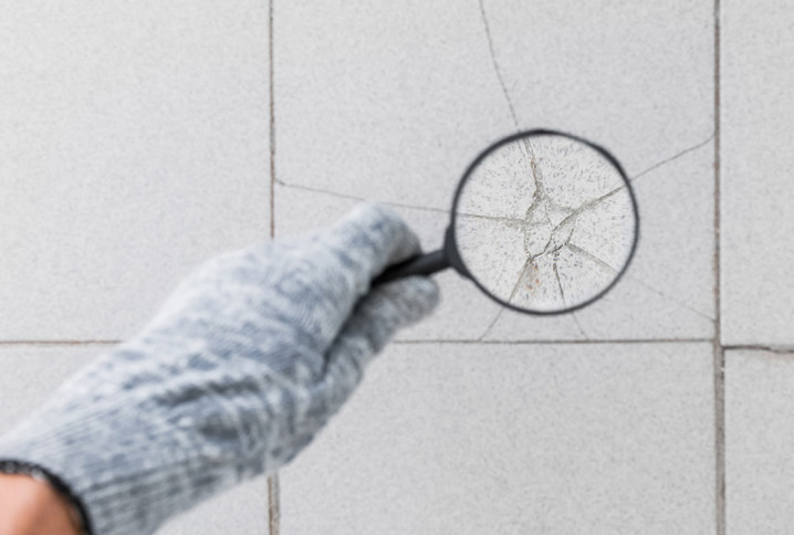 Personne avec un gant qui tient une loupe pointée sur une fissure d'un carreau de carrelage