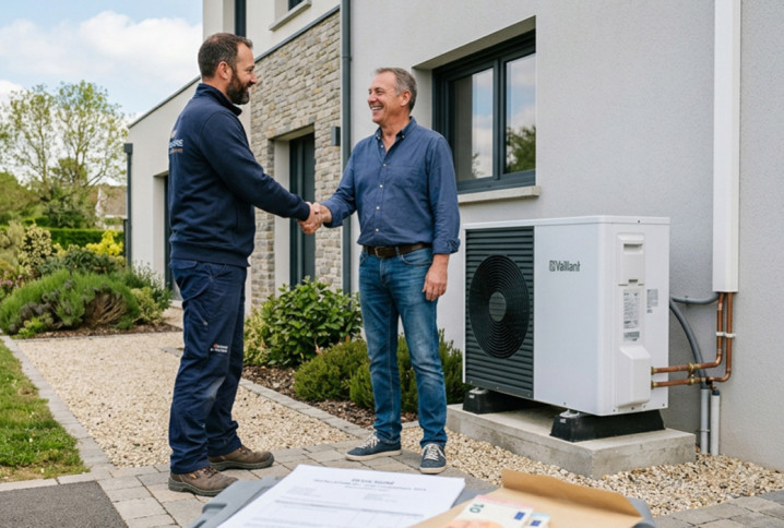 Installateur échangeant avec un particulier devant une pompe à chaleur récemment installée à l’extérieur d’une maison.