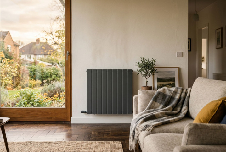 Radiateur mural gris anthracite installé dans un salon lumineux avec vue sur le jardin.