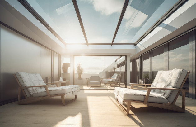 Soleil qui chauffe une pièce de vie vitrée moderne