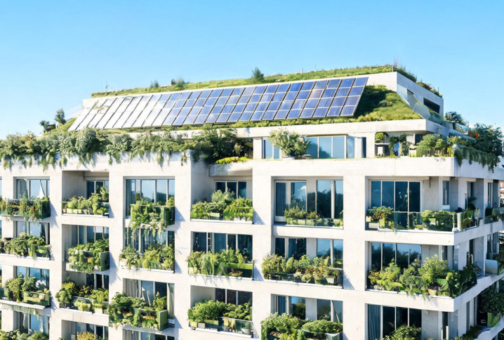Immeuble composé d'appartements avec une toiture verte et des panneaux solaires sur le toit