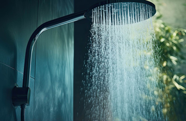 Tête de douche qui coule dans une salle de bains ouverte sur le jardin