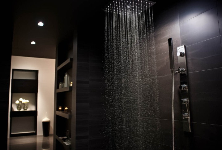 Ciel de douche dans une salle de bains noire