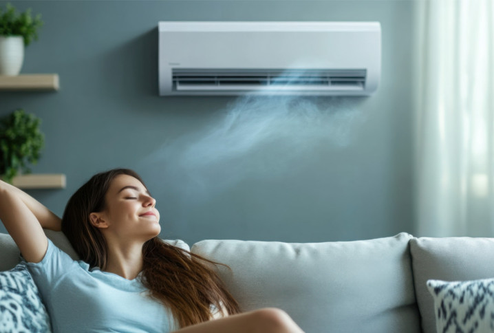 Personne profitant d’un air frais diffusé par une climatisation murale dans un salon confortable.