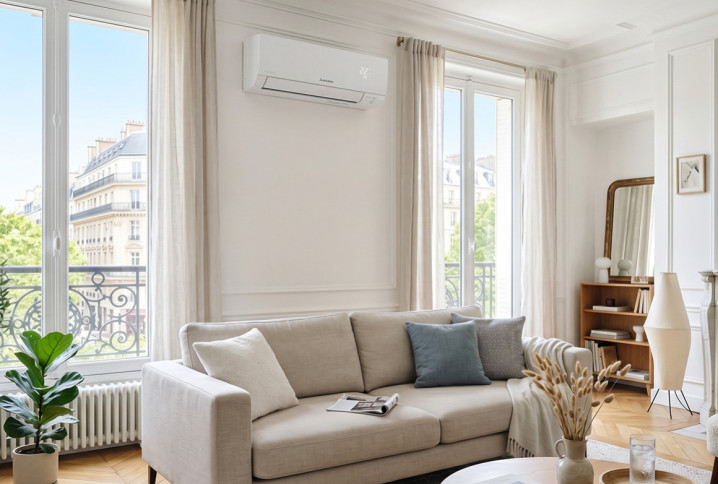Salon lumineux équipé d’une climatisation murale réversible pour le confort en appartement