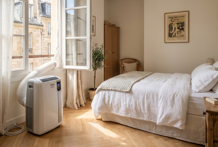 Climatiseur monobloc mobile installé dans une chambre avec gaine d’évacuation raccordée à une fenêtre ouverte.