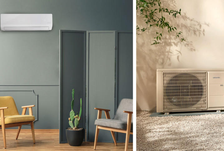 Système de climatisation monosplit avec unité intérieure murale et groupe extérieur installé près de la maison.