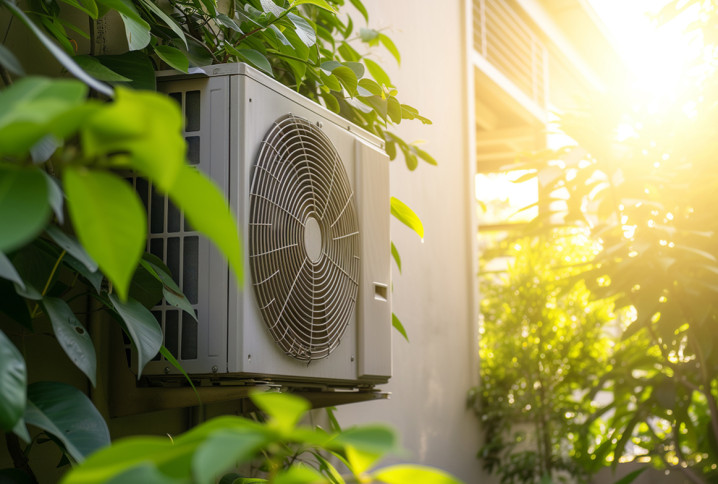 Unité extérieure de climatisation installée au milieu d’une végétation.