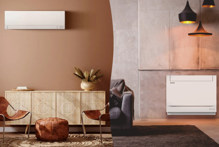 Climatiseur mural et console dans deux ambiances modernes, comparaison visuelle des solutions de climatisation intérieure design