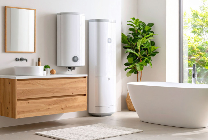 Salle de bains lumineuse avec un ballon d'eau chaude et des plantes vertes