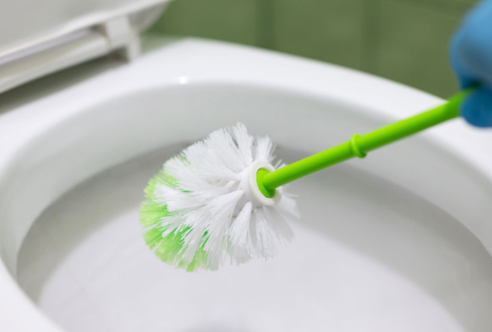 Personne qui nettoie ses toilettes avec une brosse à toilettes