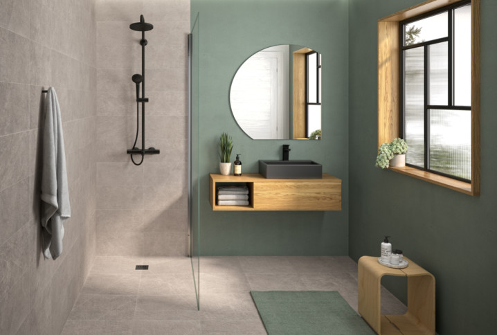 Petite salle de bains grise et verte avec douche à l'italienne
