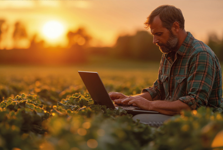 Homme assis dans un champ verdoyant travaillant sur un ordinateur portable