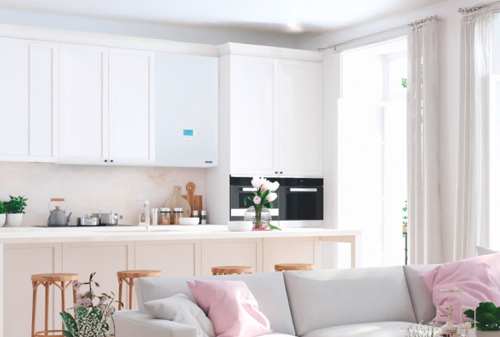 Grande cuisine qui contient une chaudière gaz