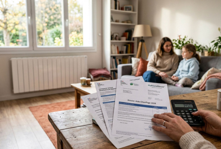 Dossier d’aides financières pour le chauffage consulté dans un salon équipé d’un radiateur.