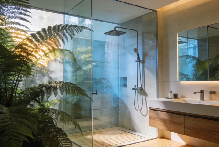 Salle de bains avec douche à l’italienne ouverte sur un espace végétalisé