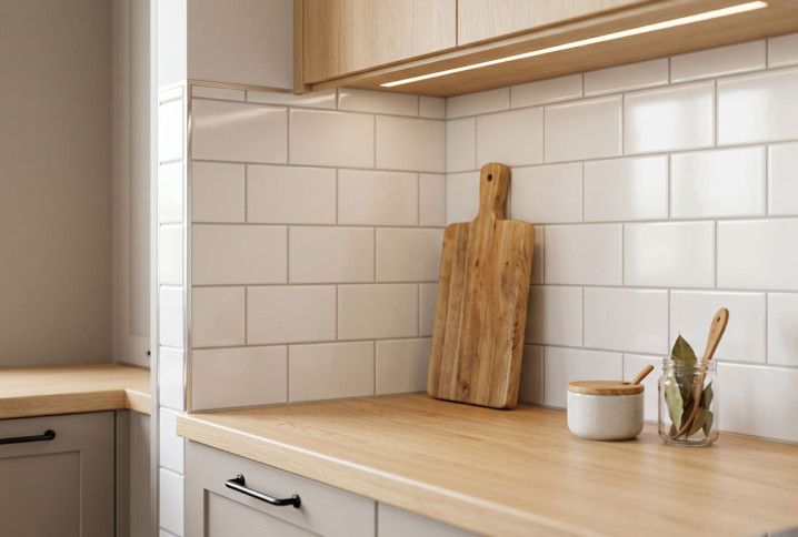 Crédence de cuisine en carrelage blanc brillant avec plan de travail en bois.