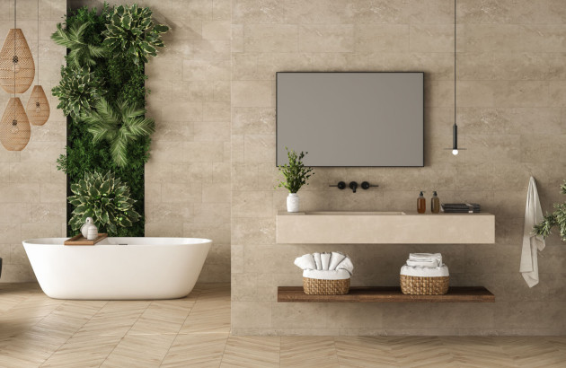 Salle de bains zen en travertin mural