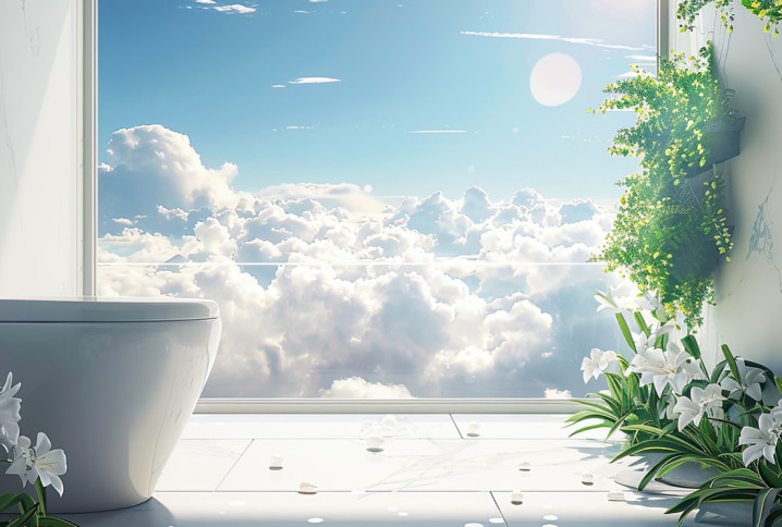 WC design dans un décor lumineux avec vue ciel et plantes, ambiance zen et épurée pour toilettes modernes