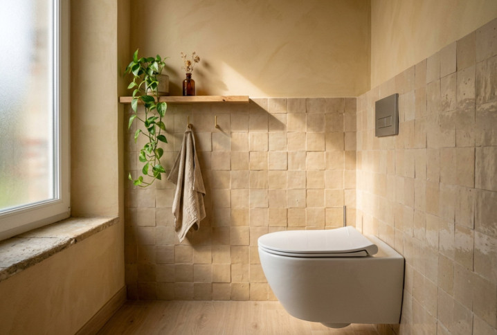WC suspendu blanc installé dans un espace lumineux avec carrelage beige et décoration naturelle.