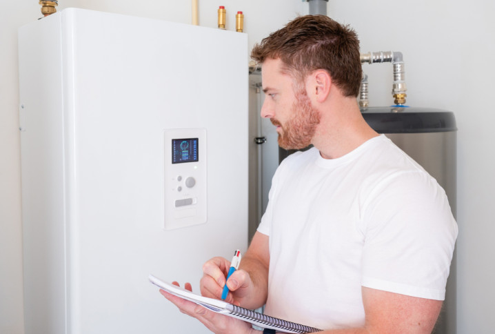 Homme qui prend des notes en regardant un thermostat électronique