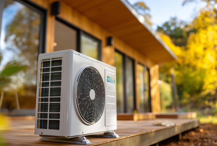 Pompe à chaleur avec double ventilateur installée à l’extérieur d’une habitation et protégée par une grille.