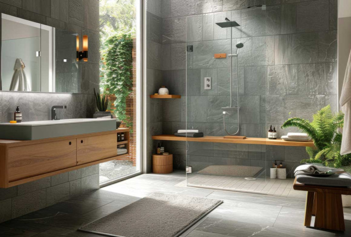 Douche avec banc intégré en bois