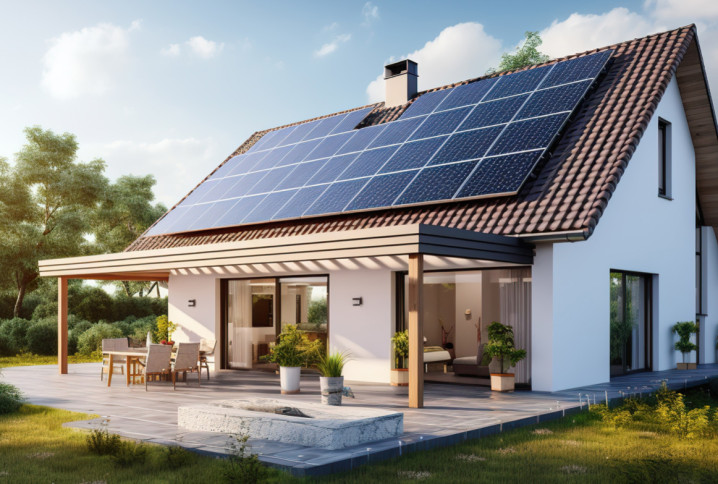 Maison équipée de panneaux solaires sur toiture pour autoconsommation énergétique