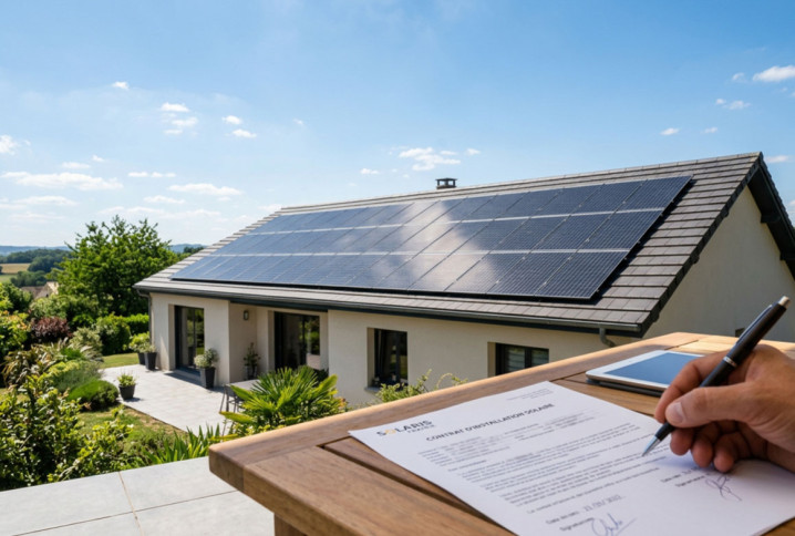 Maison équipée de panneaux photovoltaïques avec signature d’un contrat lié à l’installation solaire.
