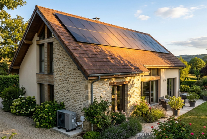 Maison individuelle équipée de panneaux solaires et d’une pompe à chaleur dans un jardin paysager