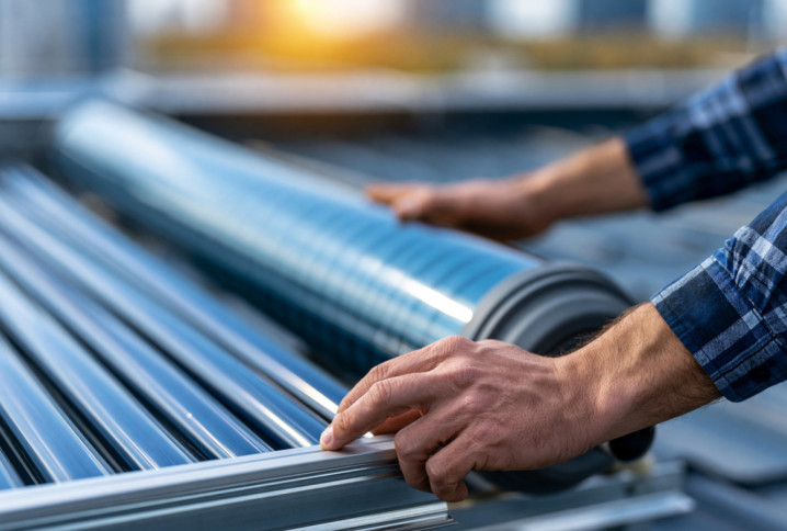 Homme qui tient son installation de panneaux solaires thermiques